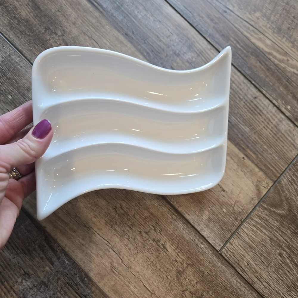Crate & Barrel Set of 3 White Ceramic Appetizer Dishes: Swirl Wavy Triangle